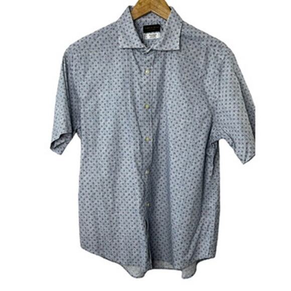 Thomas Dean Blue Print Short Sleeve Cotton Blend  Button-Up Shirt Men's Large - Picture 1 of 7